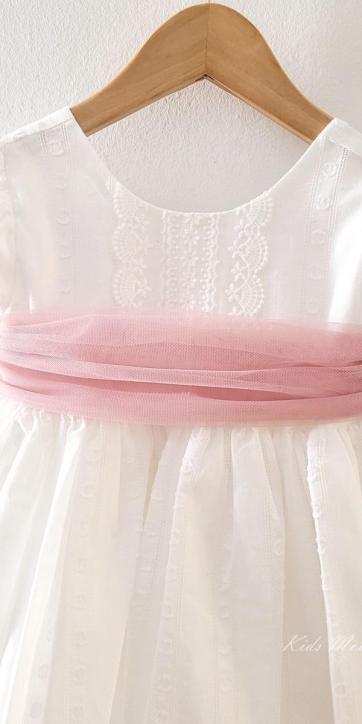 Vestido ceremonia niña blanco con fajín rosa empolvado Eva Martínez Artesanía 381011CBG [6]