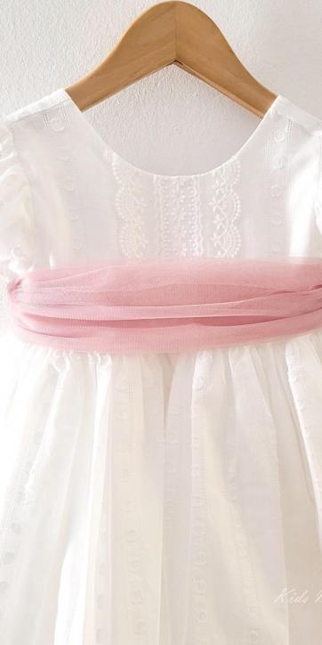 Vestido ceremonia niña blanco con fajín rosa empolvado Eva Martínez Artesanía 381011CBG [2]