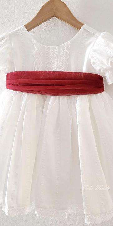 Vestido ceremonia niña blanco con fajín burdeos Eva Martínez Artesanía 381011CBG [6]
