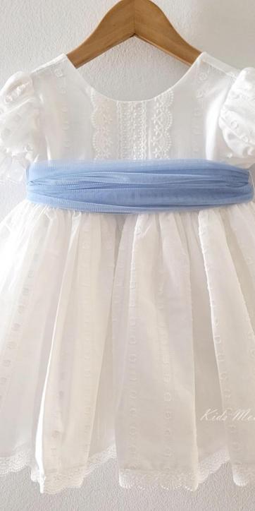 Vestido ceremonia niña blanco con fajín azul Eva Martínez Artesanía 381011CBG