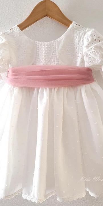 Vestido ceremonia niña blanco con fajín rosa empolvado Eva Martínez Artesanía 38911CBG [4]
