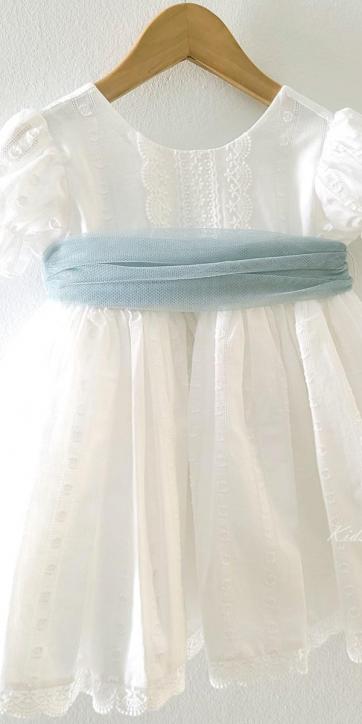 Vestido ceremonia niña blanco con fajín verde empolvado Eva Martínez Artesanía 381011CBG