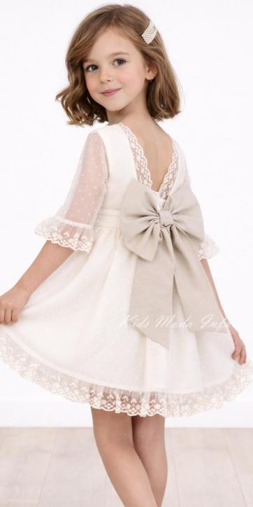 Vestido ceremonia y arras niña tul beige topo media manga con lazo lino camel – Nekenia 2621800 [2]