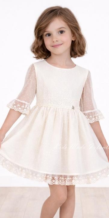 Vestido ceremonia y arras niña tul beige topo media manga con lazo lino camel – Nekenia 2621800