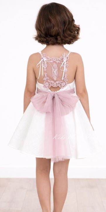 Vestido ceremonia y arras niña blanco con fajín rosa empolvado y espalda encaje bordado – Nekenia 2621805 [0]
