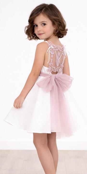 Vestido ceremonia y arras niña blanco con fajín rosa empolvado y espalda encaje bordado – Nekenia 2621805 [2]