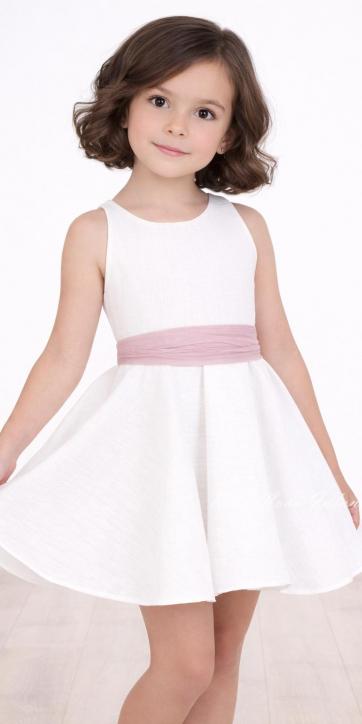 Vestido ceremonia y arras niña blanco con fajín rosa empolvado y espalda encaje bordado – Nekenia 2621805 [1]