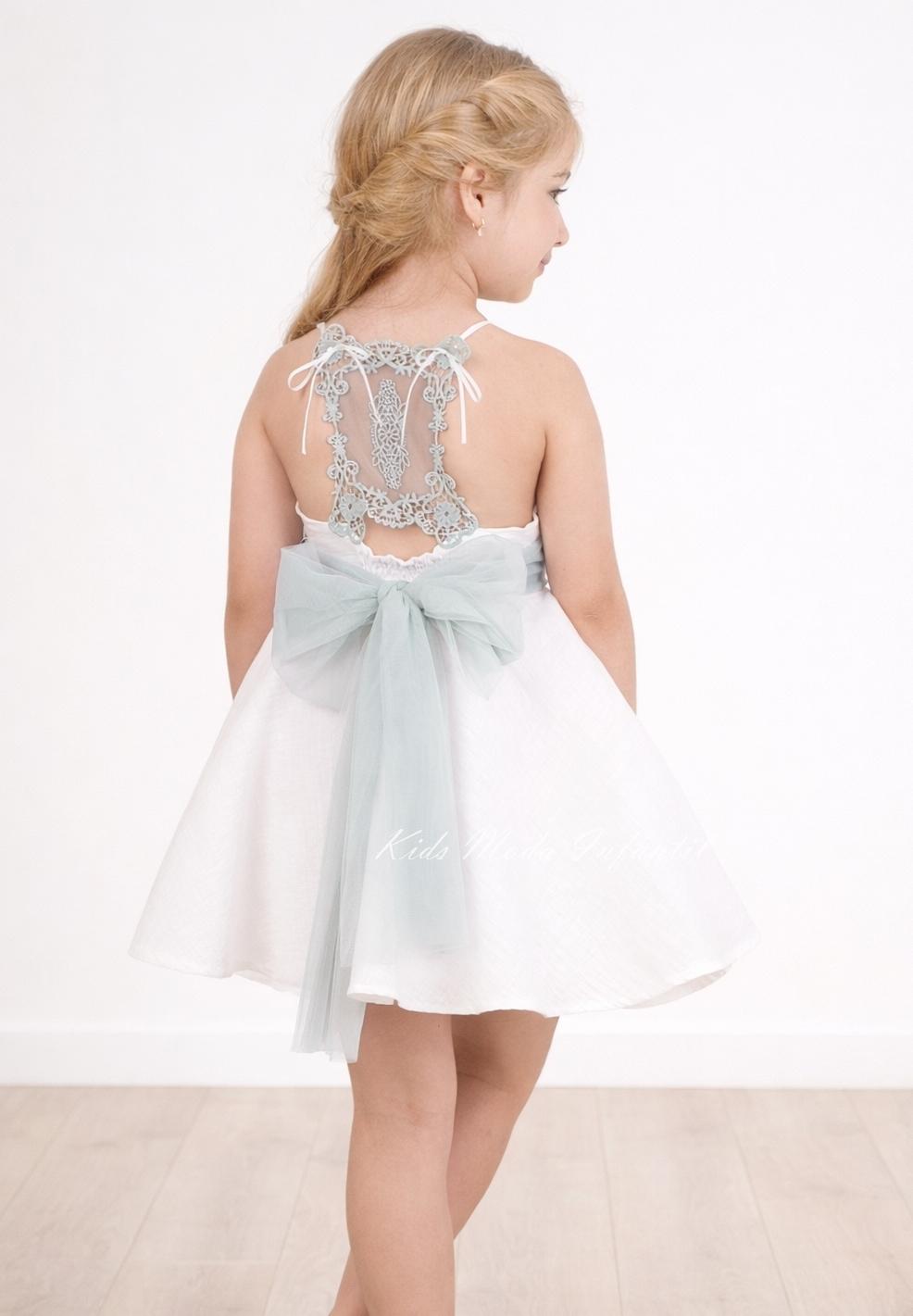Vestido ceremonia y arras niña blanco con fajín verde agua y espalda encaje bordado – Nekenia 2621805