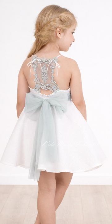 Vestido ceremonia y arras niña blanco con fajín verde agua y espalda encaje bordado – Nekenia 2621805 [0]