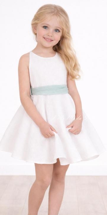 Vestido ceremonia y arras niña blanco con fajín verde agua y espalda encaje bordado – Nekenia 2621805 [1]