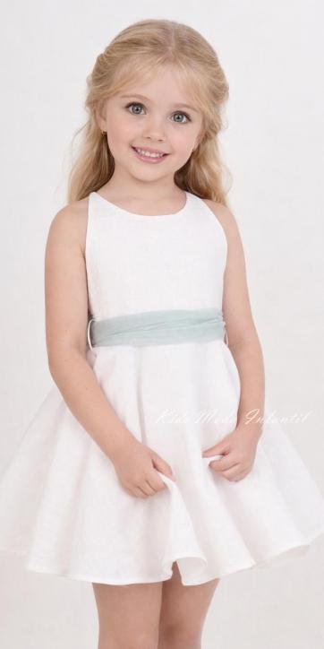 Vestido ceremonia y arras niña blanco con fajín verde agua y espalda encaje bordado – Nekenia 2621805 [2]