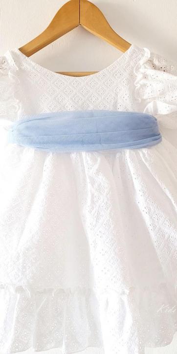 Vestido ceremonia niña blanco bordado con fajín tul azul celeste Nekenia 2521802 Personalizable [3]