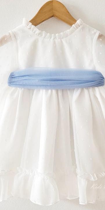 Vestido ceremonia niña plumeti cristal con fajín azul Eva Martínez Artesanía 32111