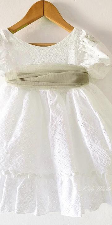 Vestido ceremonia niña blanco bordado con fajín tul verde oliva Nekenia 2521802 Personalizable [4]