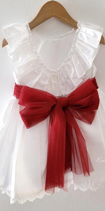 Vestido ceremonia niña blanco con fajín burdeos de Eva Martínez Artesanía 38312CBG