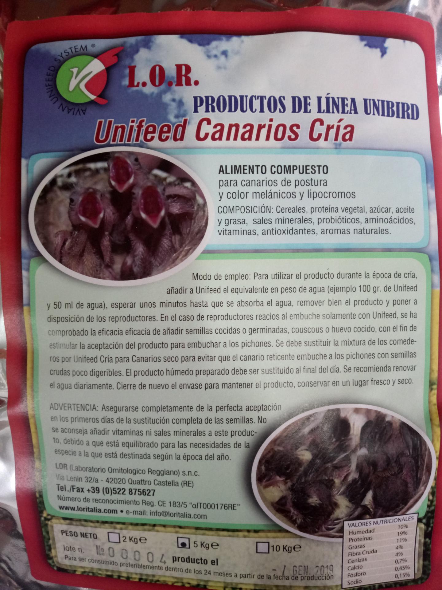 Pienso L.O.R. UNIFEED Canarios cria 5kg