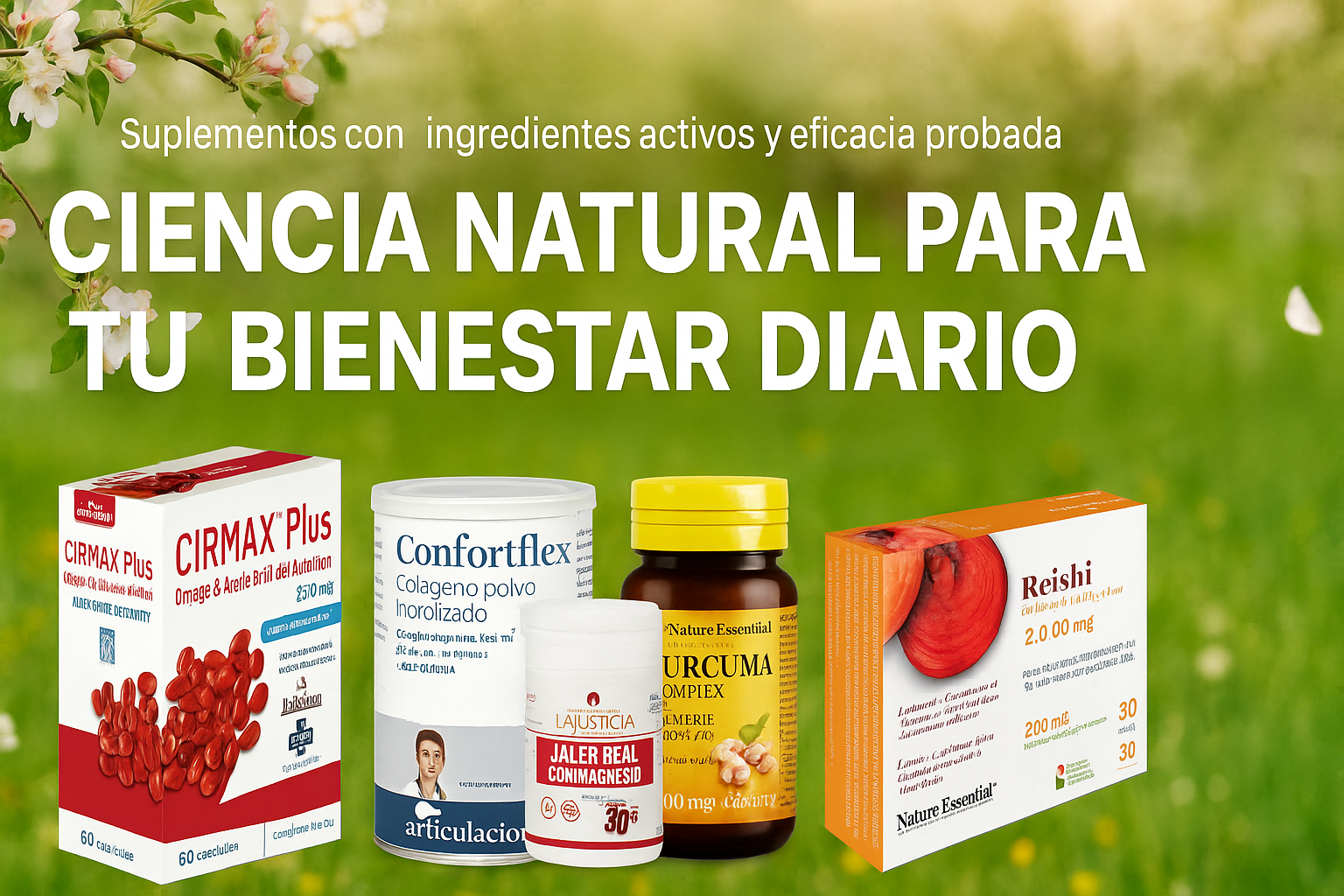 Banner promocional de FvDirect con cinco suplementos naturales destacados y el mensaje Ciencia Natural para tu Bienestar Diario