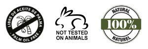 Sin aceite de palma, 100% natural, no testado en animales