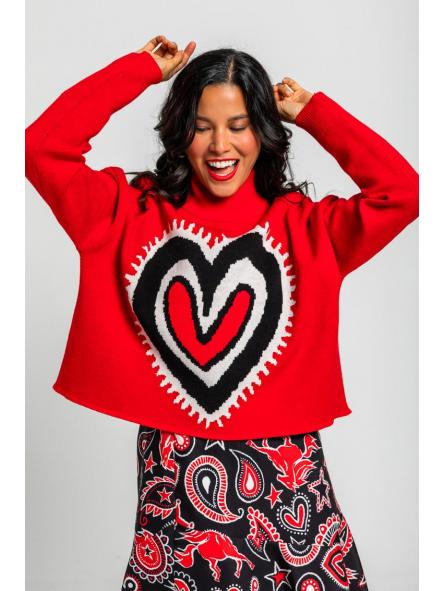 Suéter Crop Rojo Con Con Corazón Estilo Paisley Cachemir - Alma Libre de la marca lolina [0]