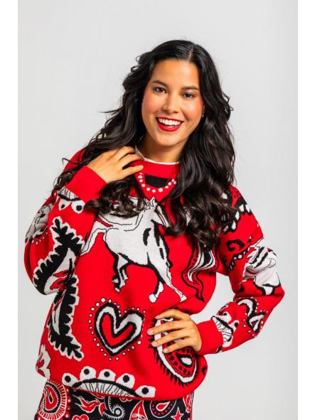 Suéter Oversize De Estampado Paisley Cachemir Rojo - Alma Libre de la marca lolina