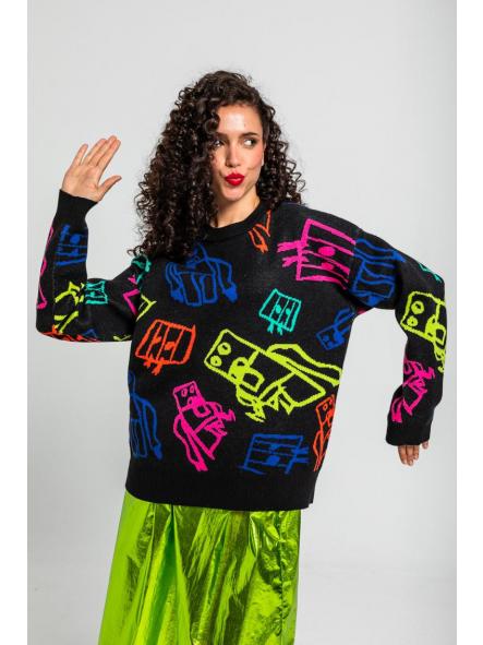 Suéter Oversize De Garabatos De Robots Multicolor - We Are Connected de la marca lolina