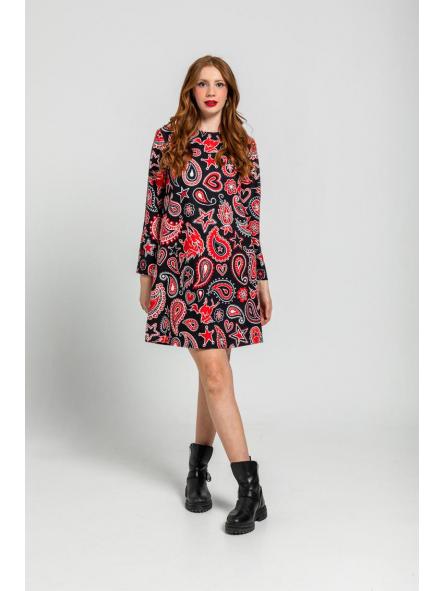 Vestido Cuello Redondo Corte A De Estampado Paisley Cachemir Negro - Alma Libre de la marca lolina