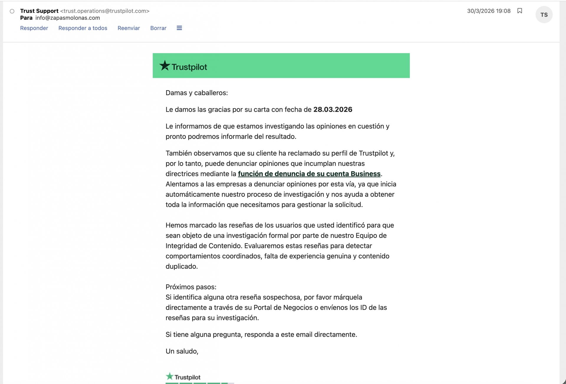 Resolución Trustpilot reseñas falsas Zapasmolonas