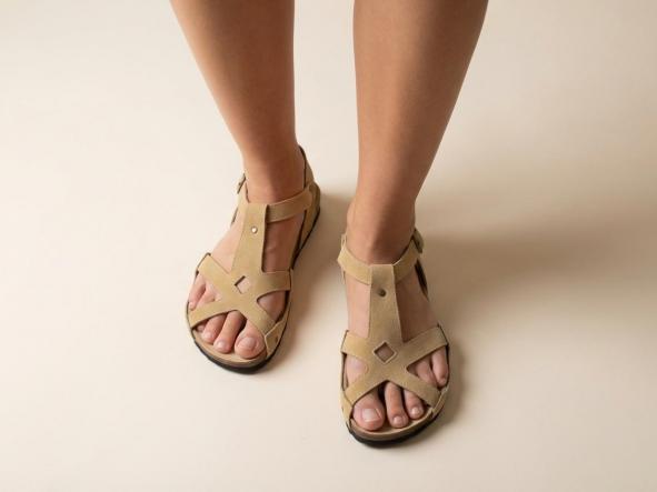 ARGELINA, color Sahara, sandalias para mujer, sandalias veganas, eco-friendly, sin productos de origen animal, moda vegana, zapatos sostenibles, calzado ético.