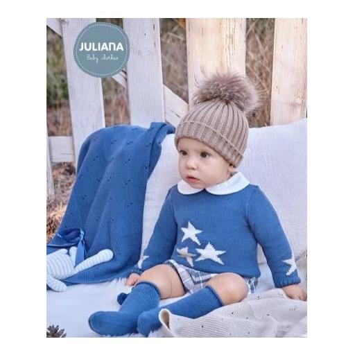 Conjunto niño azul con pantalón de tela cuadros de Juliana vistiendo bebés.