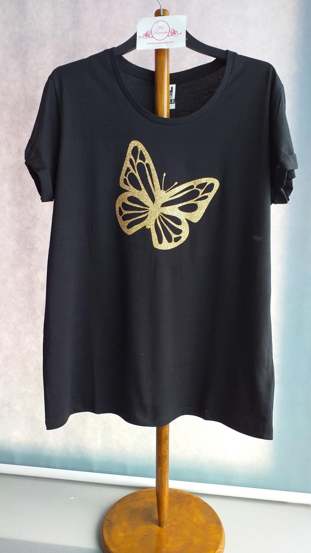 Camiseta  Mariposa glitter oro