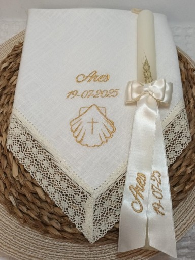 Pañuelo y vela Bautizo bordado Dorado. [2]