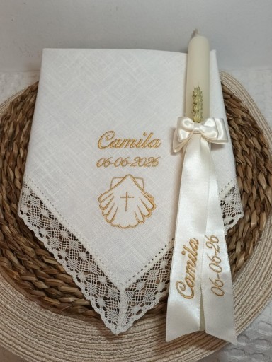Pañuelo y vela Bautizo bordado Dorado.