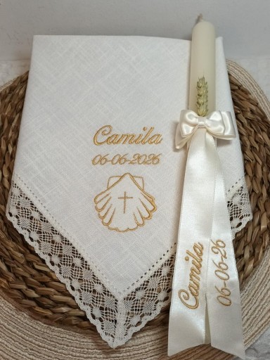 Pañuelo y vela Bautizo bordado Dorado. [3]