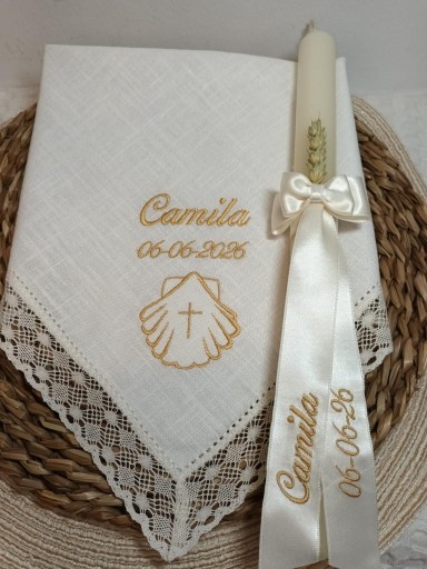 Pañuelo y vela Bautizo bordado Dorado. [1]