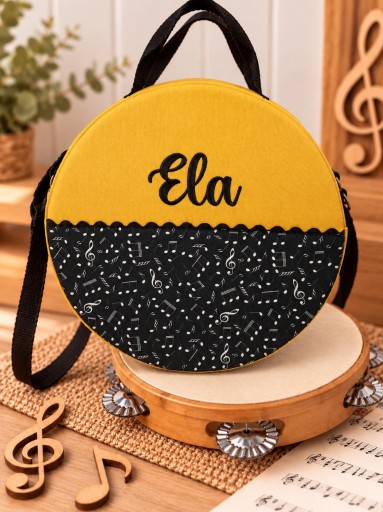 Funda Pandereta Mostaza y Notas Musicales.