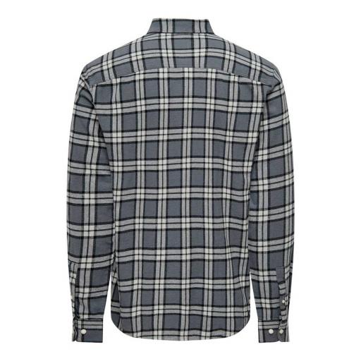 ONLY AND SONS Camisa cuadros de franela Hombre Onsral LS Slim Check Shirt Black Grey Gris [1]
