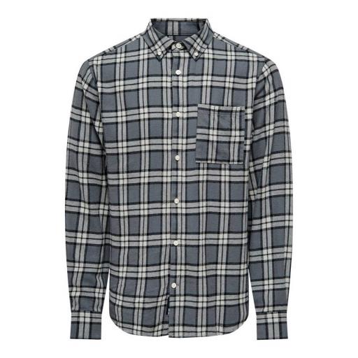 ONLY AND SONS Camisa cuadros de franela Hombre Onsral LS Slim Check Shirt Black Grey Gris [0]