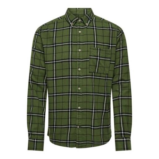 ONLY AND SONS Camisa cuadros de franela Hombre Onsral LS Slim Check Shirt Rifle Green [1]