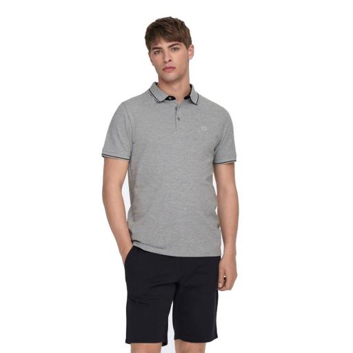 ONLY AND SONS Polo Piqué Hombre Onsfletcher Life Slim SS Noos Grey Gris