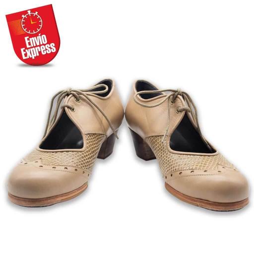 Calzado Flamenco Combinado Cordones Piel y Serpiente Beige 35