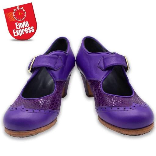 Calzado Flamenco Combinado Hebilla Piel y Serpiente Morado 35