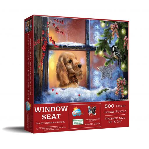 Puzzle Senior Navideño de Perros y Perritos 500 Piezas Grandes SunsOut 37248 EL ASIENTO JUNTO A LA VENTANA [1]