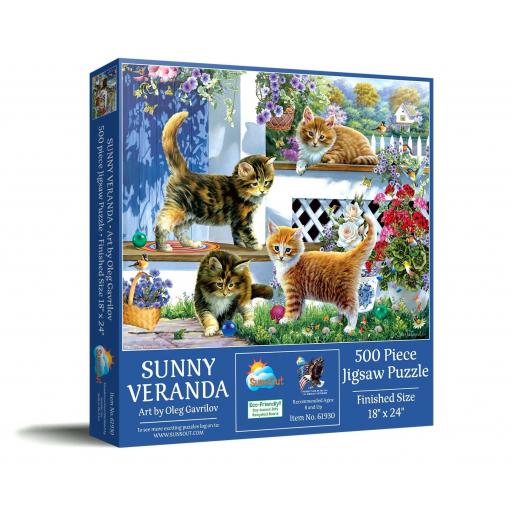 Puzzle Senior de Gatos y Gatitos 500 Piezas Grandes SunsOut 61930 VERANDA SOLEADA [1]