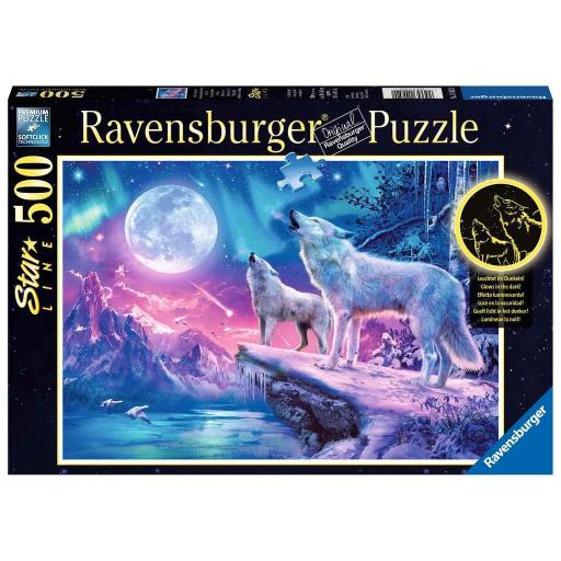 Puzzle Fluorescente Efecto Neon 500 Piezas Ravensburger 14952 LOBOS BAJO CIELO NORDICO [1]