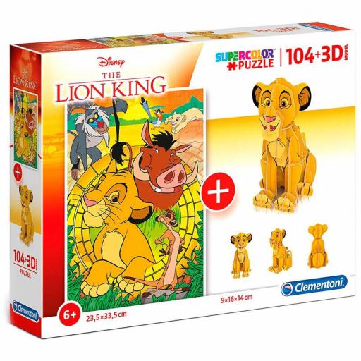 Clementoni 20158 - Puzzle Infantil Disney El Rey León 104 Piezas + Puzzle 3D Figura Simba