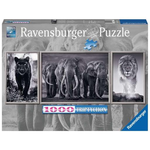 Puzzle de Animales Blanco y Negro Formato Panoramico 1000 Piezas Ravensburger 16729 PANTERAS , ELEFANTES Y LEONES [1]