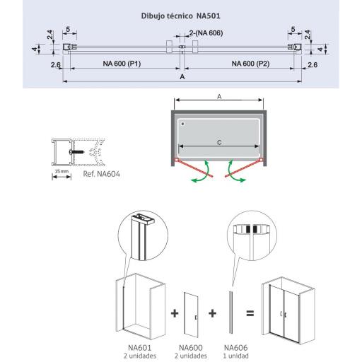 Mampara ducha NARDI NA501 2 puertas abatibles 180º en oro cepillado [1]