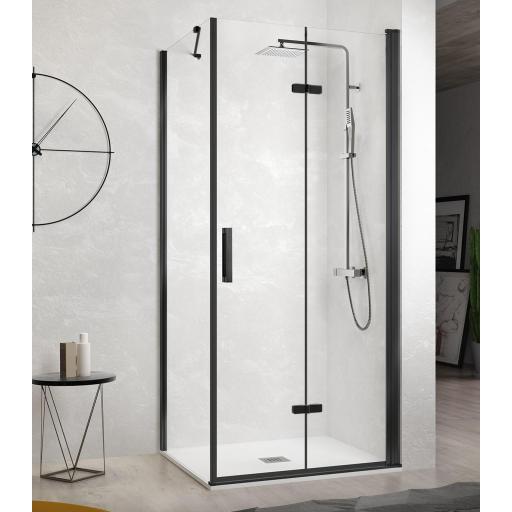 Mampara ducha plegable + lateral fijo en oro cepillado, negro y plata brillo