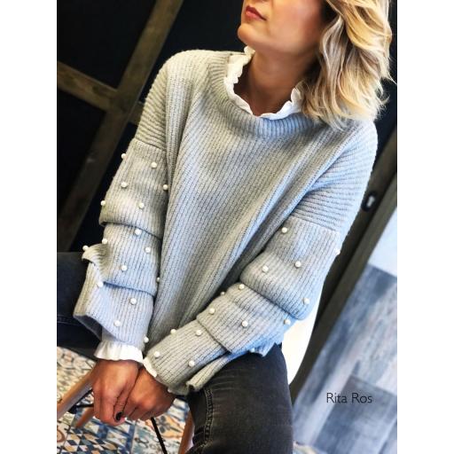 Jersey Punto Gris Manga Volantes y Perlitas (Ref. 1121)