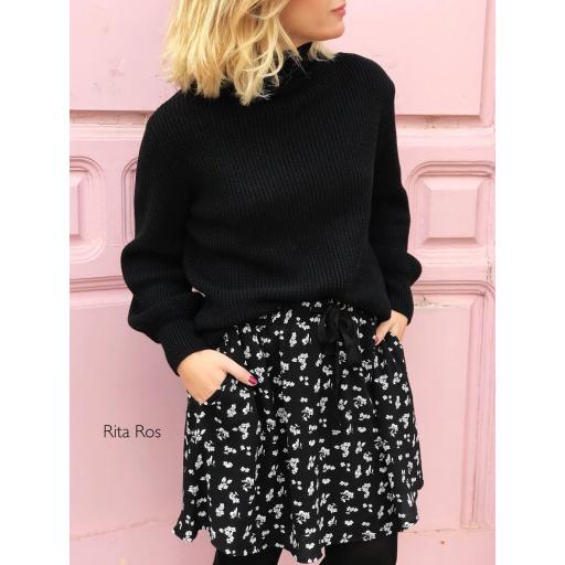 Falda Crepe Flores Negras (Ref.1093)